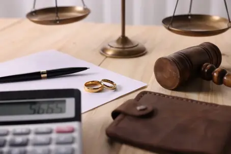 calculator, wedding rings, a wallet, and a gavel